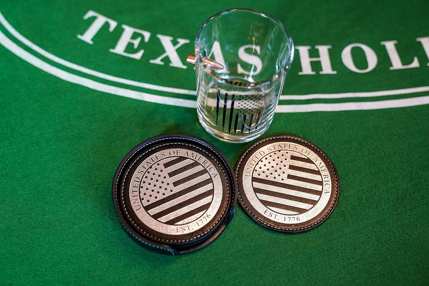 Premium American Flag Leather Coasters Set with Foil Stamped Logo - 4 USA Drink Coasters for Home, Bar Office | Disabled USMC Vet Owned SMALL Business