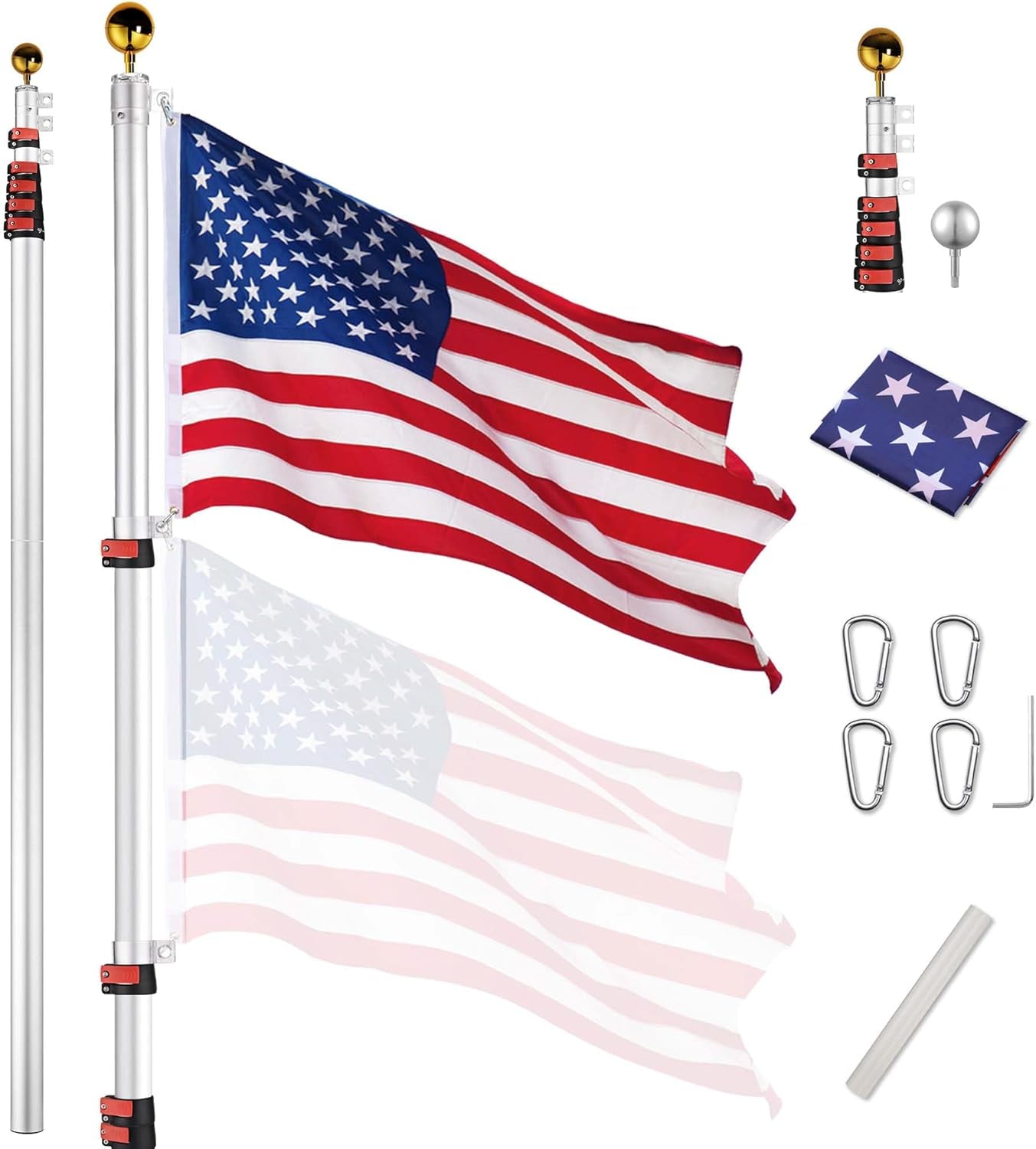 Upgraded 30Ft Telescopic Flag Pole Kit 16 Gauge Heavy Duty Aluminum Flagpole 3'X5' US Flag & Ball Top for Commercial Residential Outdoor