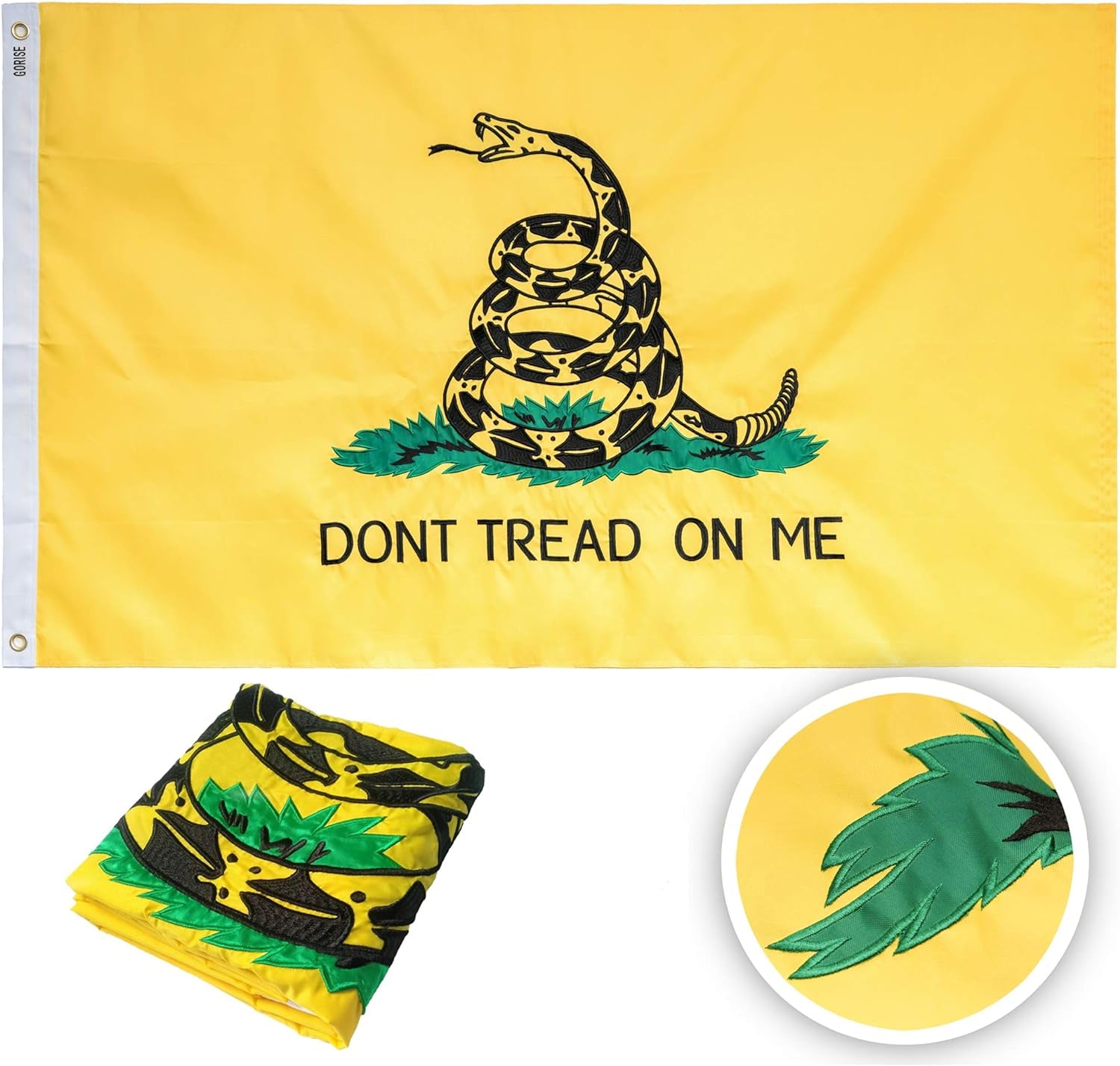 Gadsden Dont Tread on Me Flag 3X5 Ft Embroidered Gadsden Flag, Sewn Stripes and Brass Grommets, UV Protected Tea Party Flag Outdoor Garden Decor (Gadsden Flag 3X5)