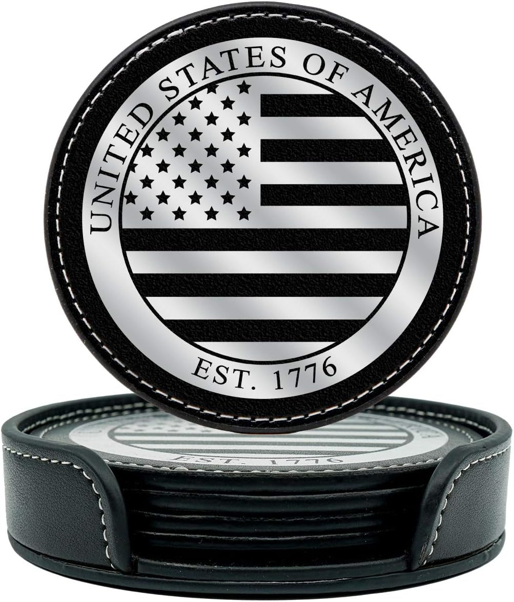 Premium American Flag Leather Coasters Set with Foil Stamped Logo - 4 USA Drink Coasters for Home, Bar Office | Disabled USMC Vet Owned SMALL Business